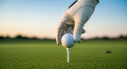 Golf glove holding a golf ball on a tee on a green course