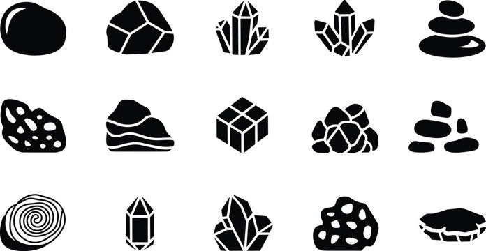 Rock icons, mineral silhouettes, geology symbols, crystal formations, sedimentary layers, porous stones, cubic crystals, educational geology, natural textures, geology illustration