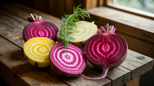 Sliced beets and onion with dill on wooden table indoors  healthy food ingredients