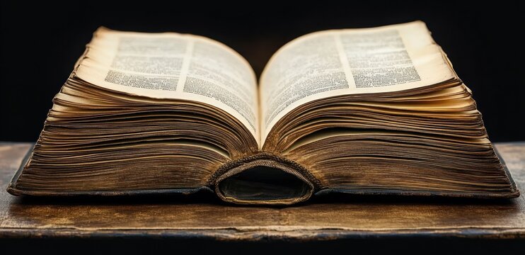 Open antique leather-bound book with yellowed, worn pages on a wooden table, warm light evoking nostalgia and quiet contemplation