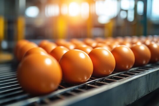 rows of brown eggs on a metal conveyor belt in a sunlit production facility, orderly and fresh with warm glowing light