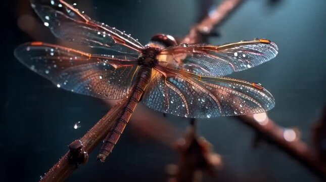 Close-up of a delicate dragonfly with intricate wings, perched on a branch glistening with morning dew
