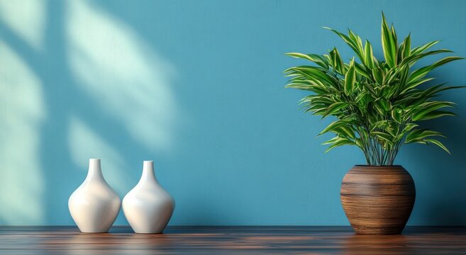 serene minimalist still life with two white ceramic vases and a leafy potted plant in a wooden pot on a wooden tabletop against a teal wall with soft sunlight shadows