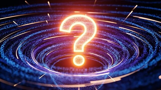 Glowing question mark in a quantum particle vortex representing digital uncertainty and data science