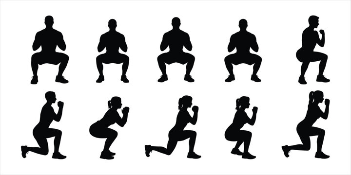Silhouette set of men and women performing squats and lunges on white background fitness exercise