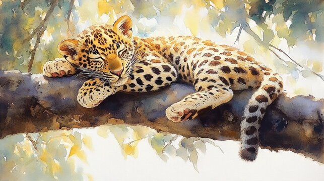 sleeping spotted leopard cub stretched comfortably on a sunlit tree branch, peaceful and serene beneath dappled leaves
