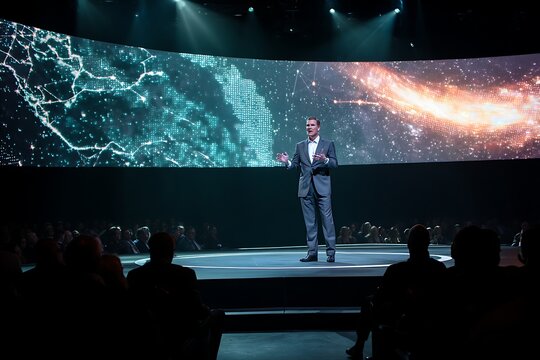 A confident businessman presenting on a stage with a large screen behind him.