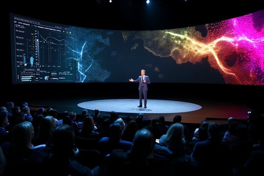 A businessman presents to a large audience on a stage with a large screen behind him displaying data visualization and a world map.