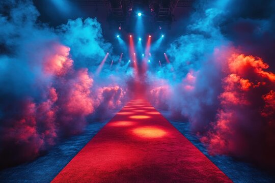 empty red carpet runway cutting through thick colored smoke under blue and magenta spotlights, dramatic glamorous atmosphere of anticipation and spectacle