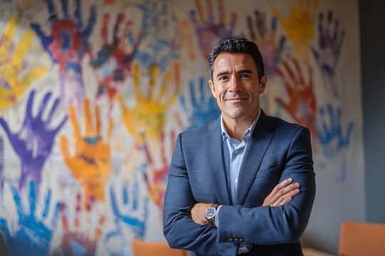 A confident businessman standing in front of a colorful handprint mural
