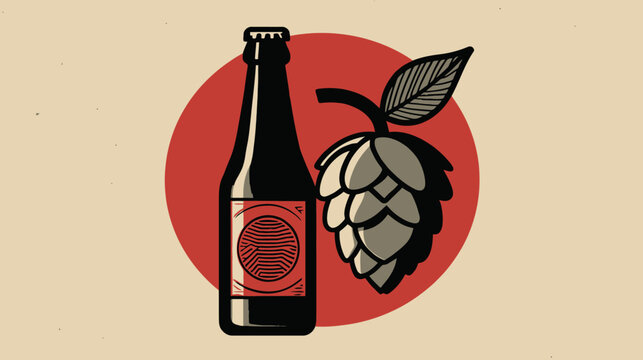 Illustration of a beer bottle next to a hop flower, set against a red circle on a beige background