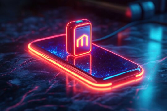 Neon-lit smartphone with glowing USB dongle standing on starry reflective screen on dark textured surface, sleek futuristic cyberpunk mood