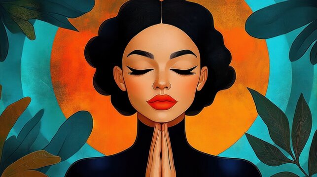 Calm portrait of a person with hands in prayer, halo-like orange sun behind head and teal foliage framing a serene meditative pose
