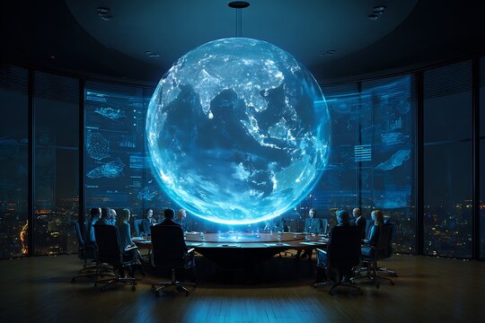 Global business meeting, futuristic conference room, digital globe, corporate technology