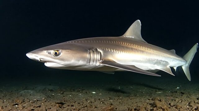 Nocturnal spiny dogfish shark swimming near the ocean floor in deep sea habitat
