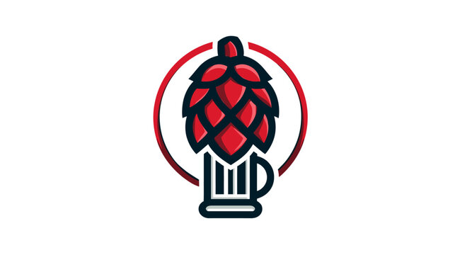 Stylized red and black hop cone emblem inside a red circle, atop a beer mug outline