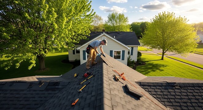 A roofer working on the roof of a house under the bright blue sky. A professional man with a tool belt fixes the shingles on the roof, the sun shining. 