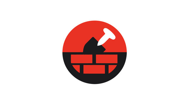 A red circle divided, with a black shape, brick wall, and a white nail puncturing it