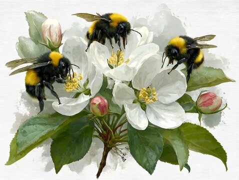 Three bumblebees diligently gather nectar from the delicate white blossoms of an tree on a warm sunny sp day.