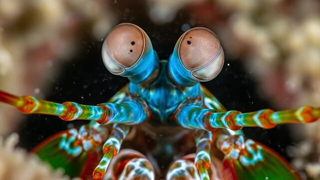 Macro Portrait of Peacock Mantis Shrimp Eyes, Odontodactylus Scyllarus Underwater Macro Photography