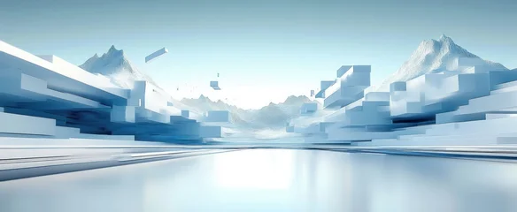 Fototapete Reflection Serene futuristic icy landscape with floating rectangular blocks, layered geometric structures and distant snow-capped peaks reflected in smooth glassy water  © Khusi