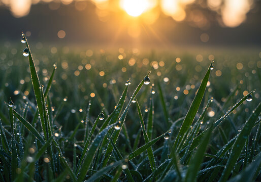 Dewey grass field sunrise