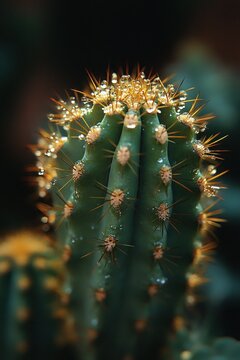 green ribbed cactus with golden spines and dew-covered droplets, close-up showing glistening texture and a serene fresh morning mood