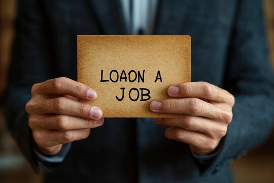 person in suit holding small brown card with handwritten message 'LOAON A JOB' conveying urgent plea and frustration