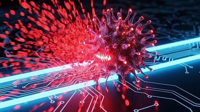 AI Driven Malware Cyberattack on Server Infrastructure with Red Virus Entity and Circuit Board