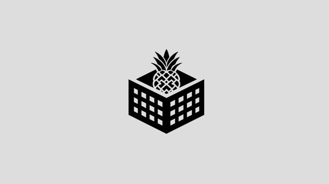 Black and white minimalist design featuring a pineapple inside a cubical structure