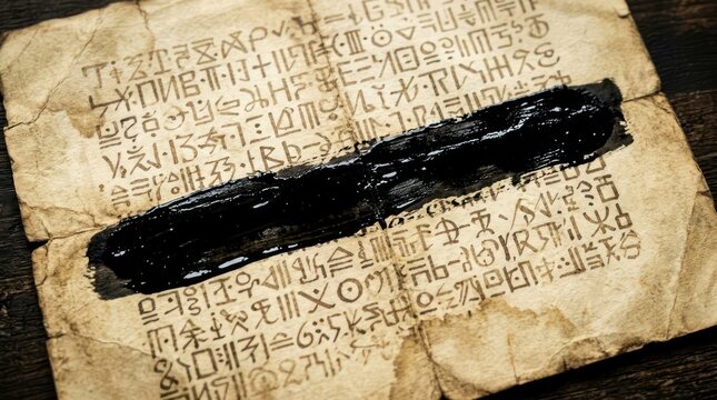 Ancient parchment manuscript with runic symbols redacted by thick black ink stroke for historical storytelling and mystery
