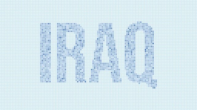 Iraq dotted map animation. Digital style shape of the country. Iraq shape and title dots appear with bulb flickering effect. Intro, outro, logo, title video.