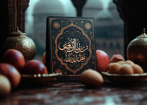 ornate gold-accented arabic calligraphy panel on a wooden table surrounded by pomegranates, apples, nuts and decorative brass vessels with blurred domes in warm contemplative light