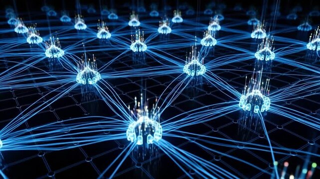 Decentralized Edge Computing Network with Glowing Blue Data Nodes and Interconnected Fiber Optic Lines