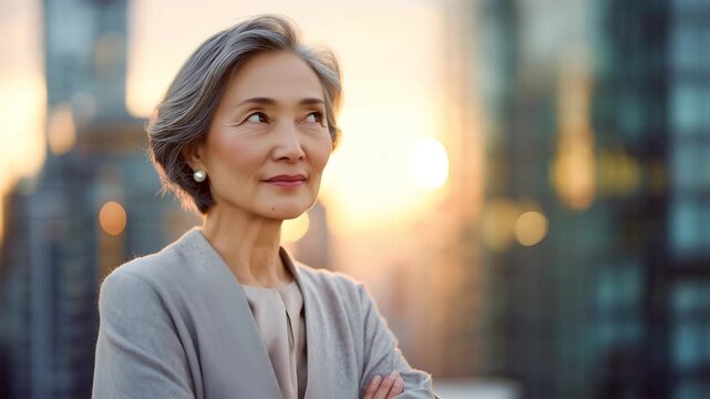 高層オフィスの夕景の中で、女性が落ち着いた表情を見せている