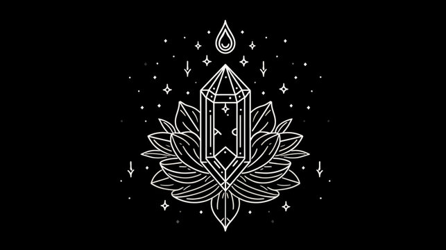 A geometric crystal rises from a lotus flower, adorned with stars and a teardrop, all in white