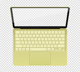 Fototapeta premium Photorealistic detailed green notebook mockup. Front view of opened notebook with keyboard isolated on transparent background. Vector illustration