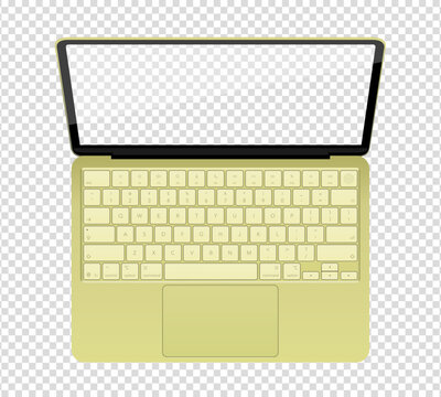 Photorealistic detailed green notebook mockup. Front view of opened notebook with keyboard isolated on transparent background. Vector illustration