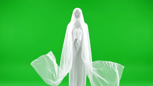 A draped figure swaying gently side to side in continuous motion on green screen undulating, creepy, horror