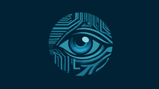 A stylized eye graphic within a circular frame of circuit board patterns, shades of blue