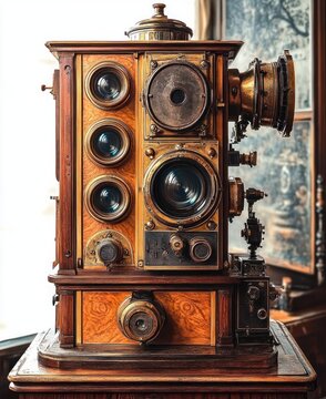 Antique wooden large-format camera with brass hardware and multiple lenses mounted on a carved wooden stand, a nostalgic vintage photography device