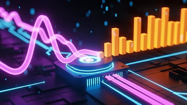Predictive AI financial forecasting with glowing line graphs and bar charts on digital circuit board