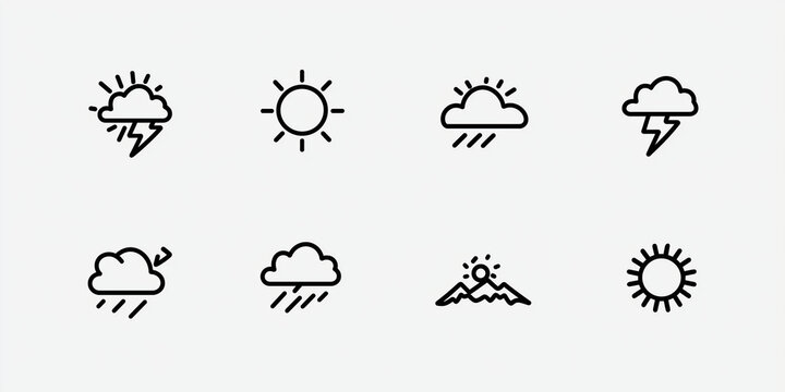 weather icons, simple line art style, black and white color palette, white background, simple design, with white space around the edges of each icon