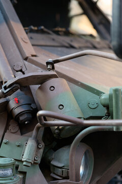Military: Close-up of the left front edge of an armored military transporter