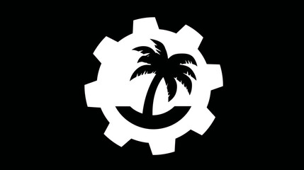 A simple, black and white logo featuring a palm tree set within a gear shape