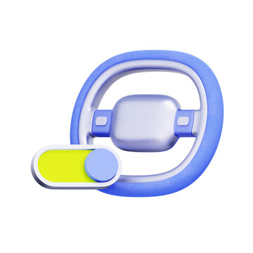 3D illustration of steering wheel with toggle switch for autonomous driving mode or cruise control. driver assist apps, vehicle setting features, autopilot dashboards, and automotive user interfaces.