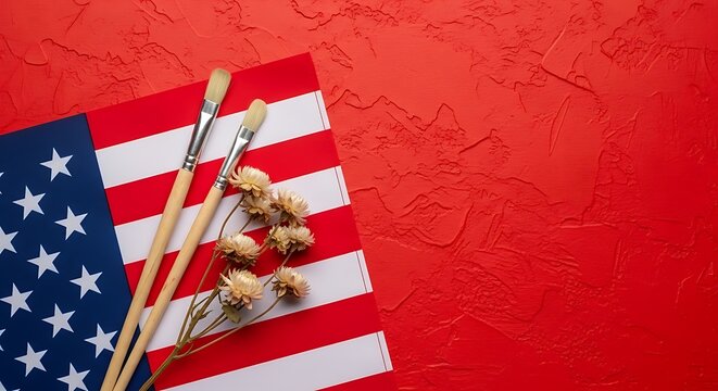 Two paintbrushes and dried flowers resting on a printed american flag against a textured red wall