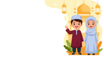 Obraz premium Happy Muslim Children Waving Hello in Front of a Mosque, Celebrating Islamic Culture and Ramadan Festivities