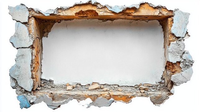 Rectangular hole in a crumbling plaster wall revealing exposed brick, rubble and raw weathered texture with an abandoned, neglected feeling