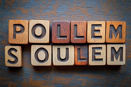 Two rows of wooden alphabet blocks on a weathered blue and brown surface spelling POLLEM and SOULEM with a rustic calm mood